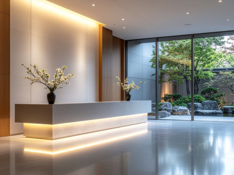 Polished stone lobby floor reflecting the light from a reception desk