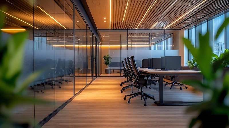 Empty open-plan office in the evening with warm ceiling lights and rows of desks