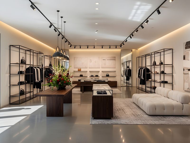 Tidy retail boutique with clothing racks, display tables, and polished floors