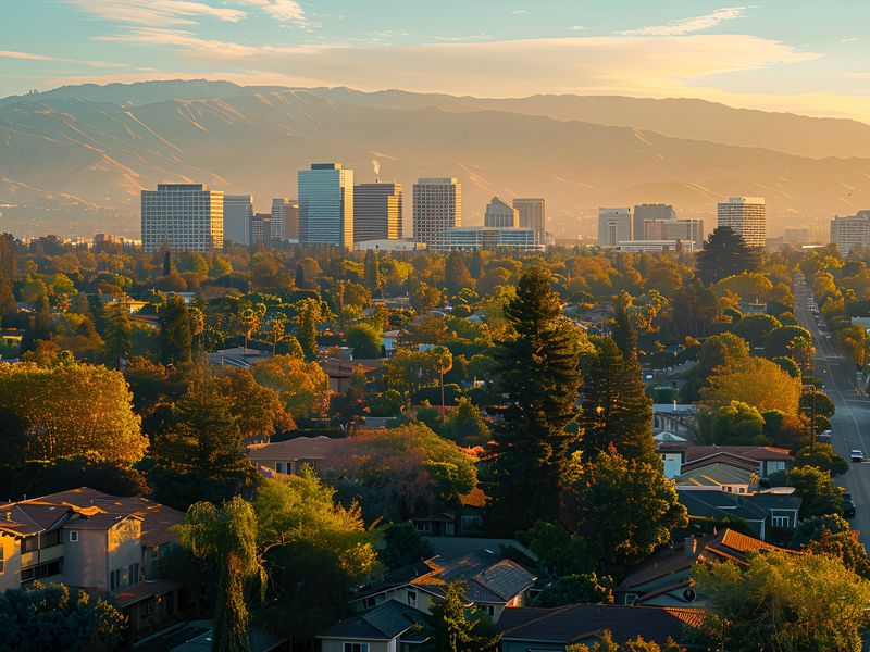 Downtown San Jose skyline at golden hour with the hills behind it